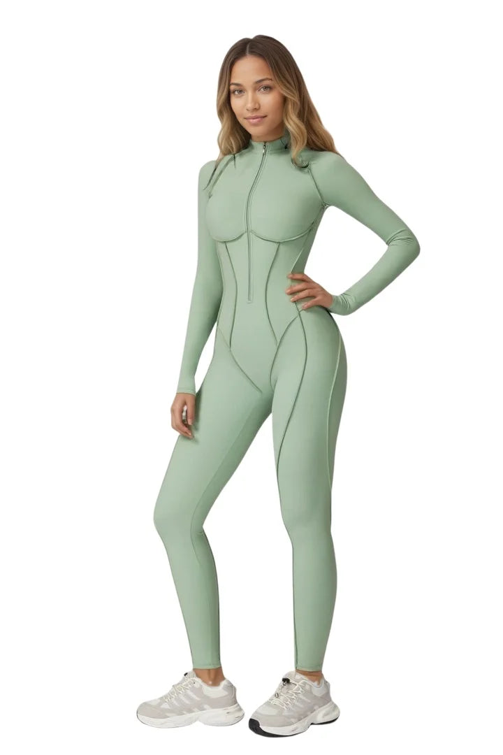 Zip Front Long Sleeve Yoga Jumpsuit For Women One Piece