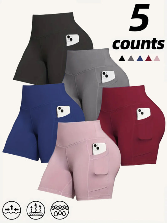 5 Pack Women High Waisted Biker Shorts With Pockets