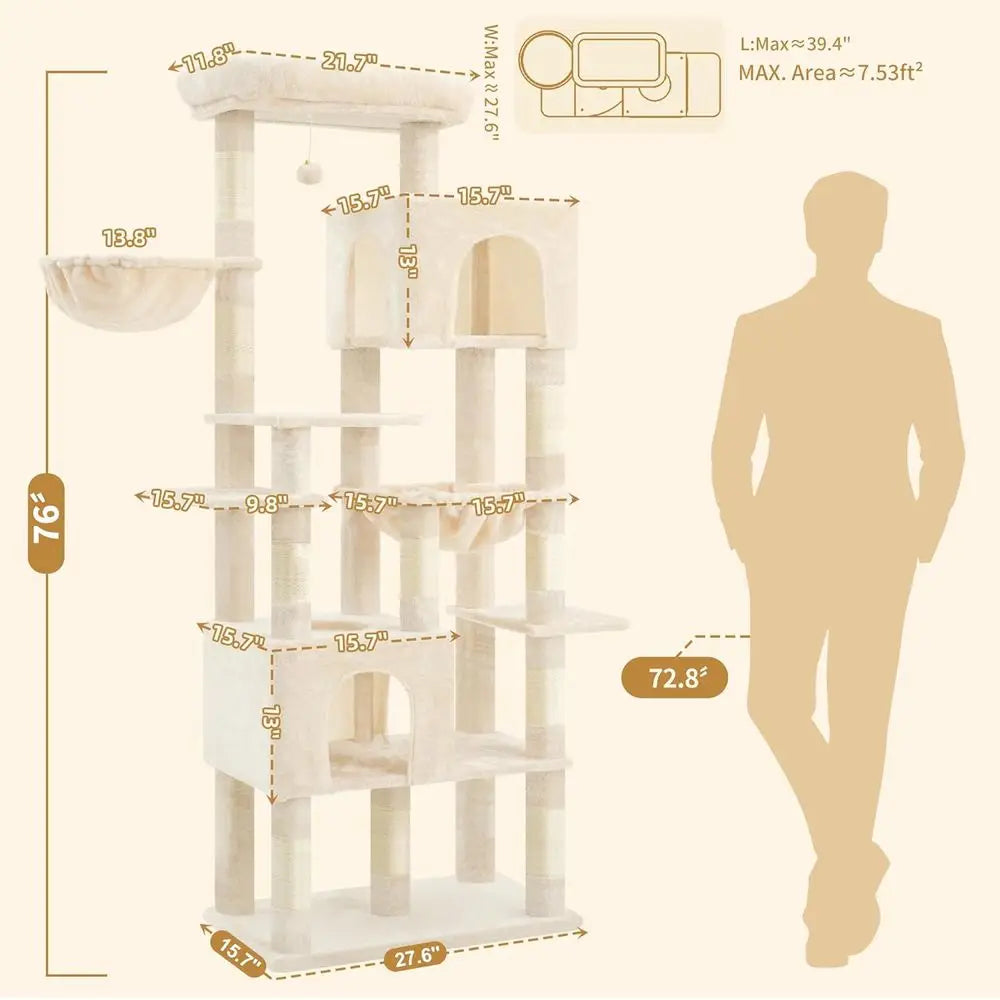Heybly Cat Tree, 76-Inch Tall Heavy Duty Cat Tower or Big Cats with Extra Wide Baseboard, Multi-Level Large Cat urniture with 2