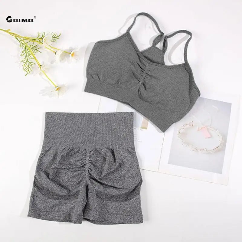 CHRLEISURE Seamless Sports Set Women Yoga 2 Piece Fitness Bra Cycling Shorts