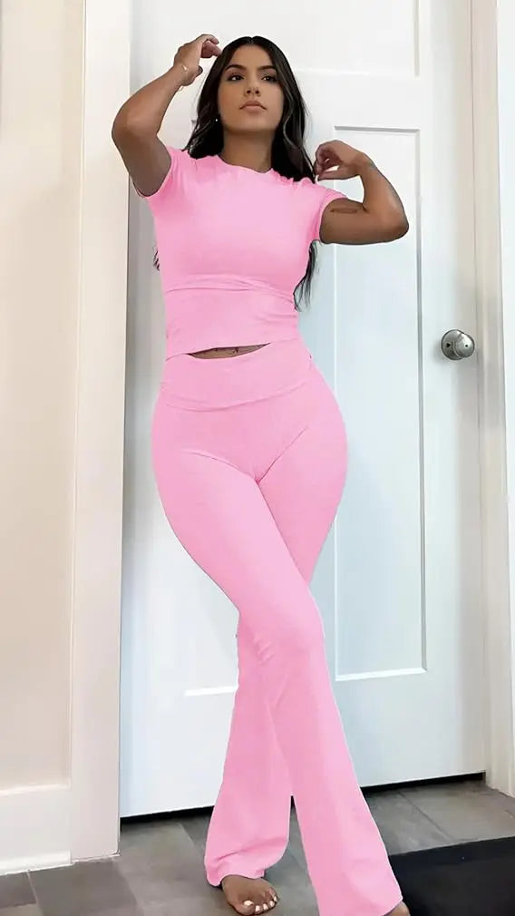 Women's Two Piece Yoga Set With Short Sleeve Top Activewear