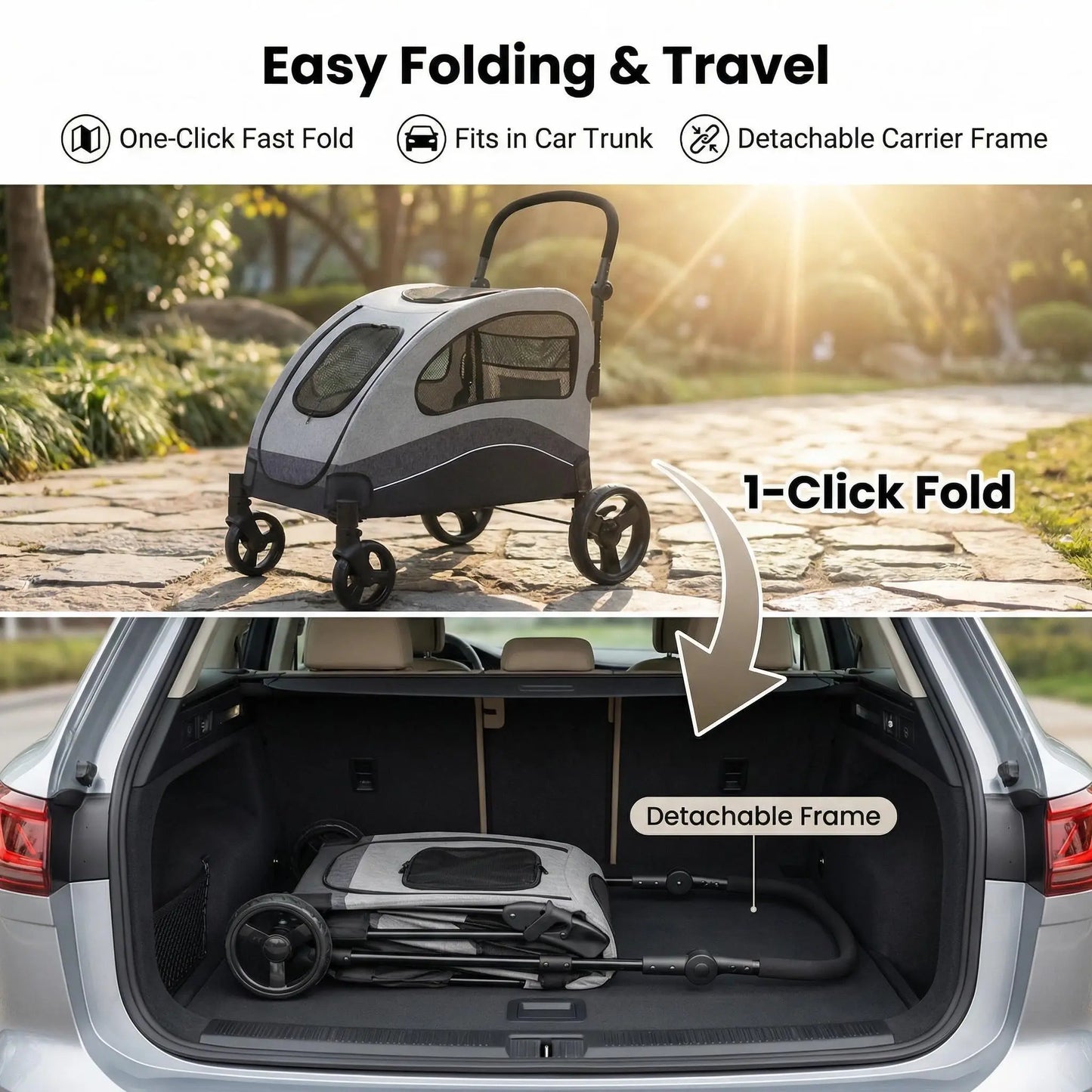 Collapsible Large Dog Stroller Wagon 360° Swivel Adjustable Handle Travel Strollers for Medium Large Dogs & Cats 90x73x108cm