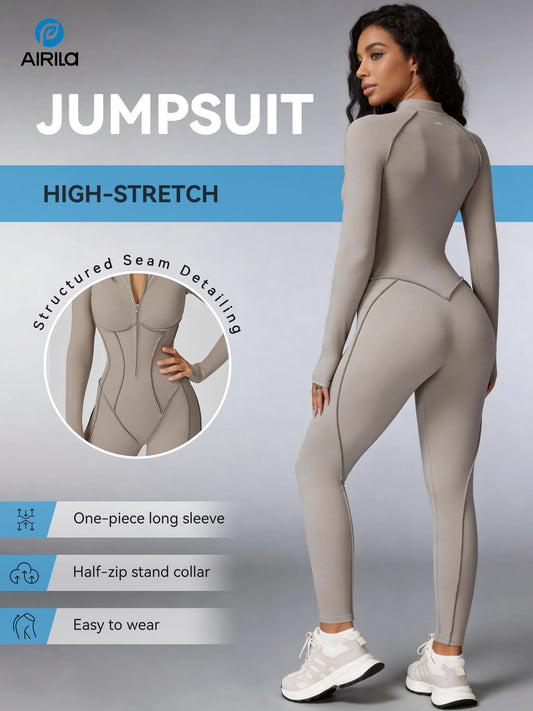 Zip Front Long Sleeve Yoga Jumpsuit For Women One Piece