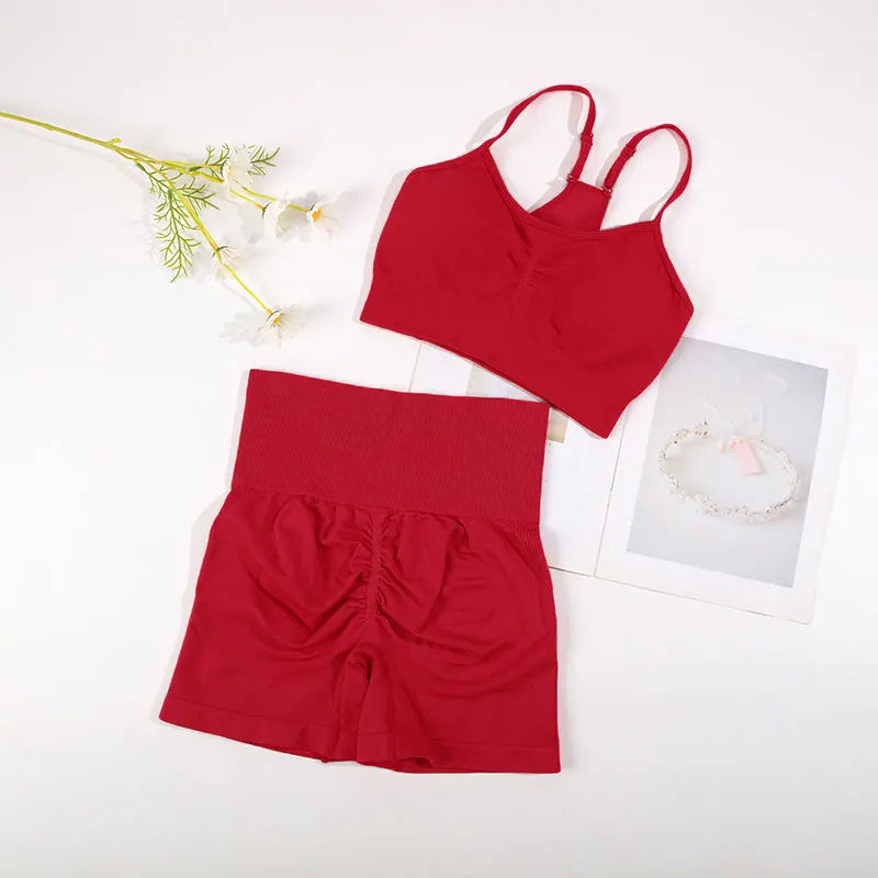 CHRLEISURE Seamless Sports Set Women Yoga 2 Piece Fitness Bra Cycling Shorts