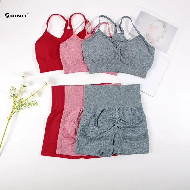 CHRLEISURE Seamless Sports Set Women Yoga 2 Piece Fitness Bra Cycling Shorts