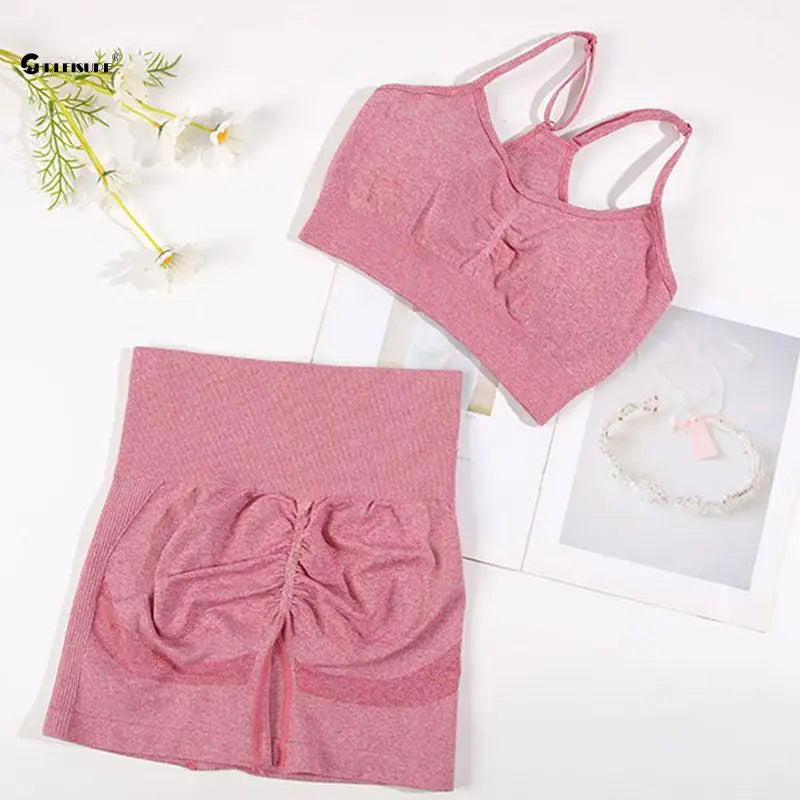 CHRLEISURE Seamless Sports Set Women Yoga 2 Piece Fitness Bra Cycling Shorts