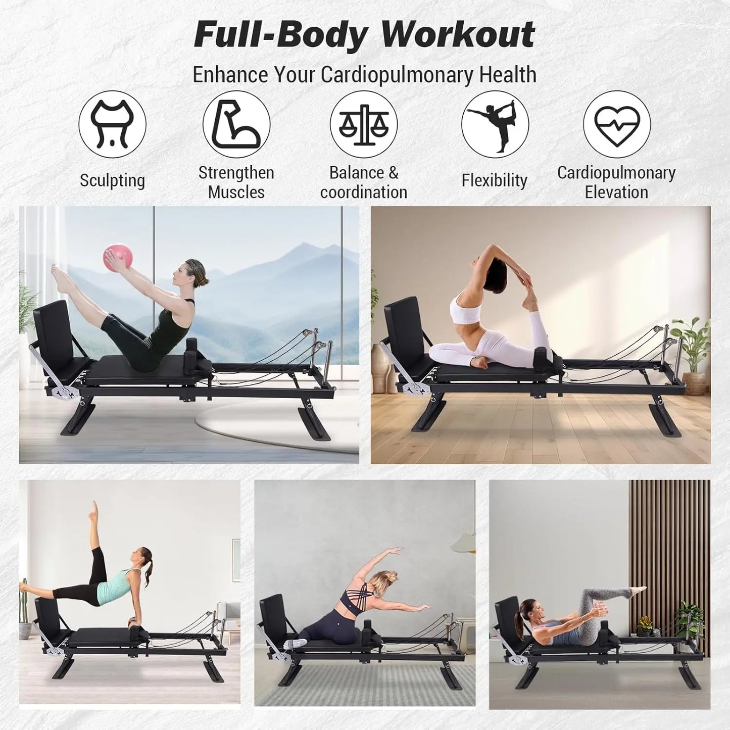 HiMISS Foldable Reformer Pilates Machine With Interchangeable Tension Sets