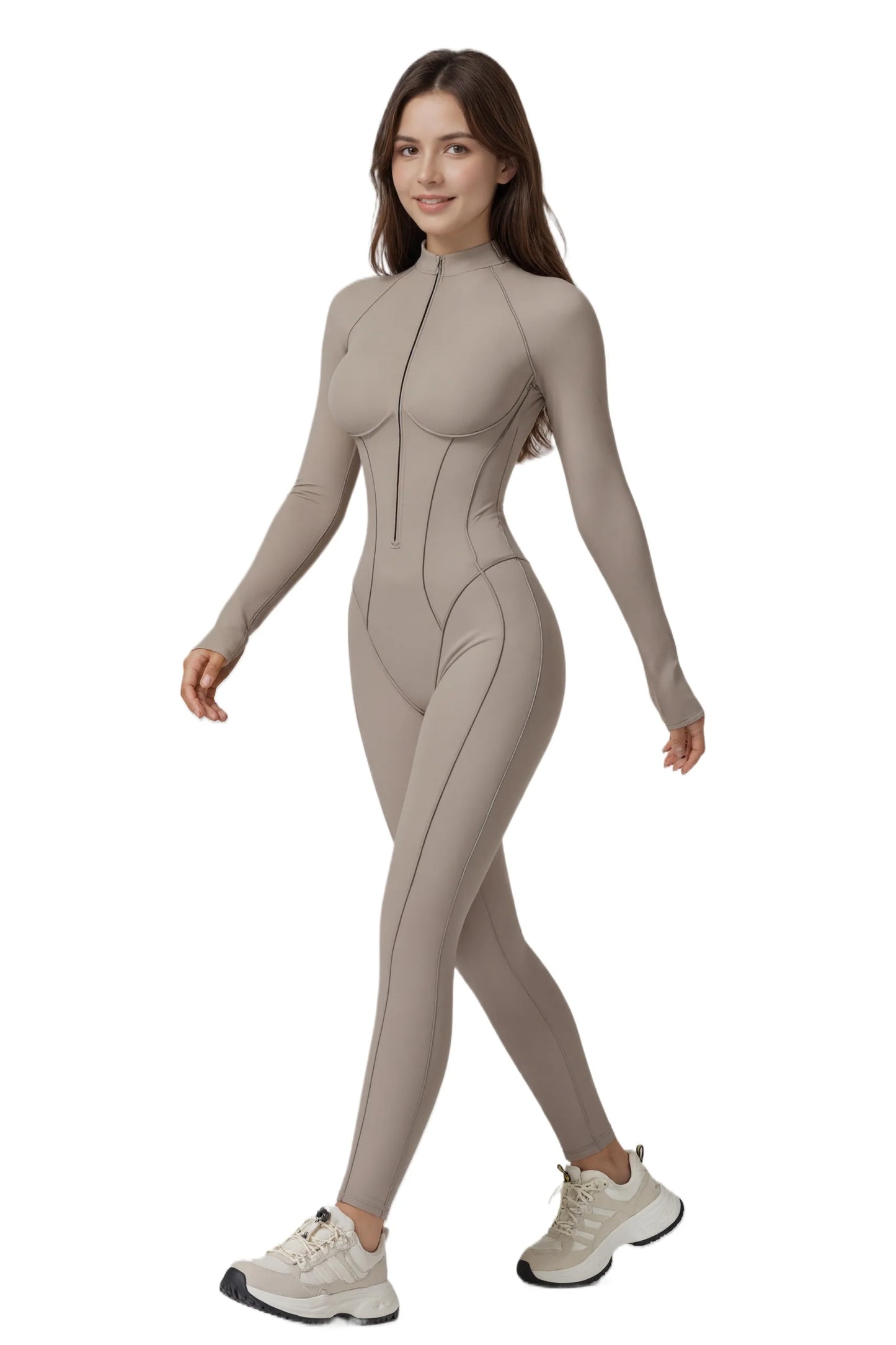 Zip Front Long Sleeve Yoga Jumpsuit For Women One Piece