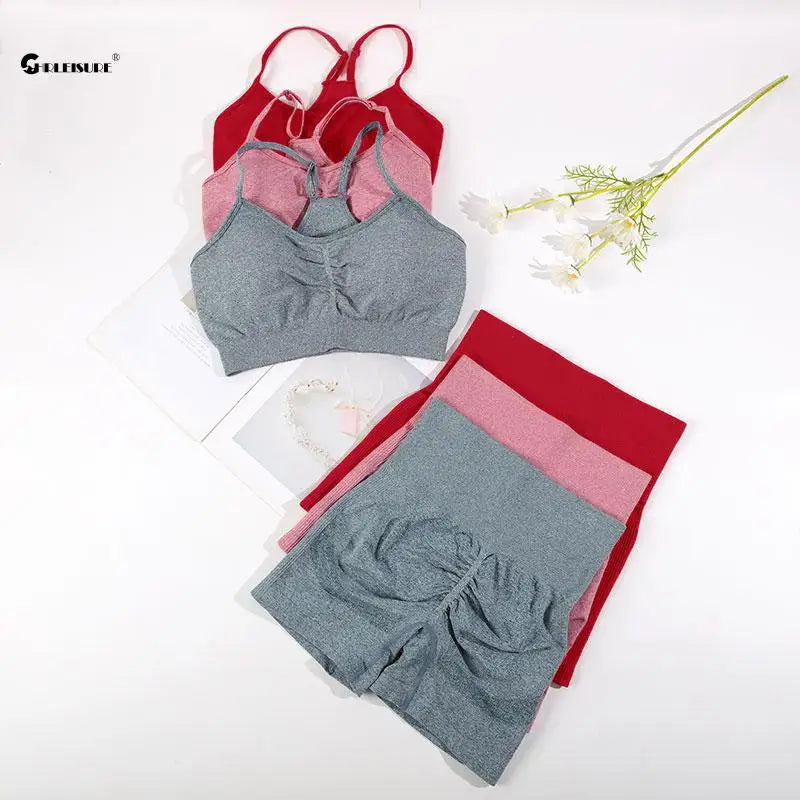 CHRLEISURE Seamless Sports Set Women Yoga 2 Piece Fitness Bra Cycling Shorts