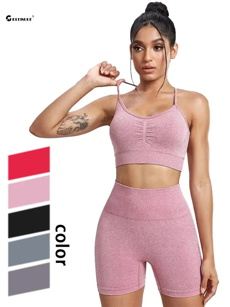 CHRLEISURE Seamless Sports Set Women Yoga 2 Piece Fitness Bra Cycling Shorts