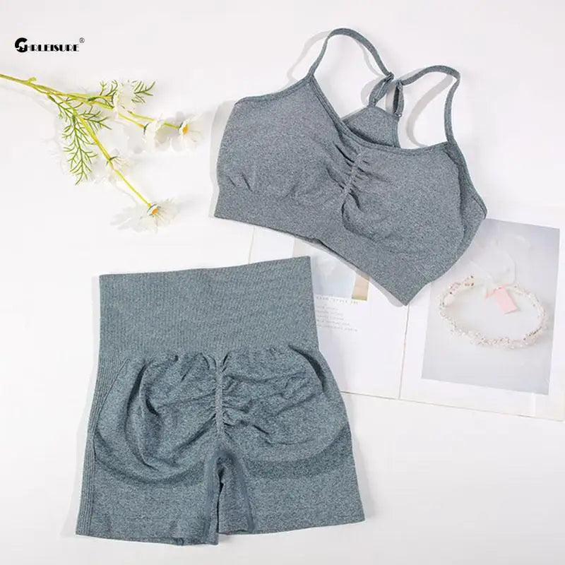 CHRLEISURE Seamless Sports Set Women Yoga 2 Piece Fitness Bra Cycling Shorts