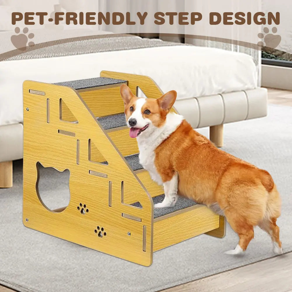 4-Step Wooden Pet Stairs Nonslip Carpeted Cat and Dog Steps Sofa Ladder Pet Furniture for Dogs and Cats for Bed