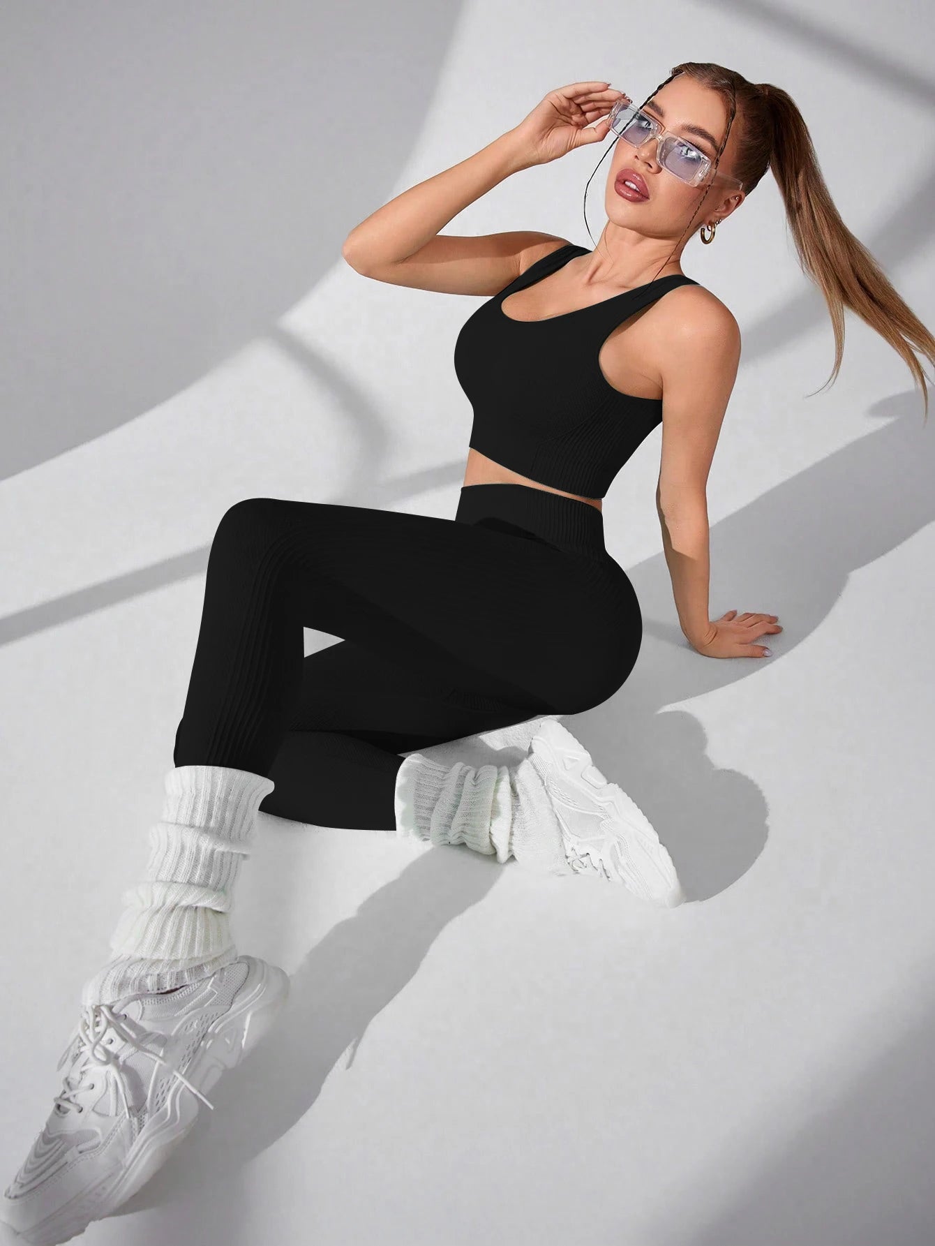 Seamless Yoga Leggings and Cross Strap Sports Bra Set