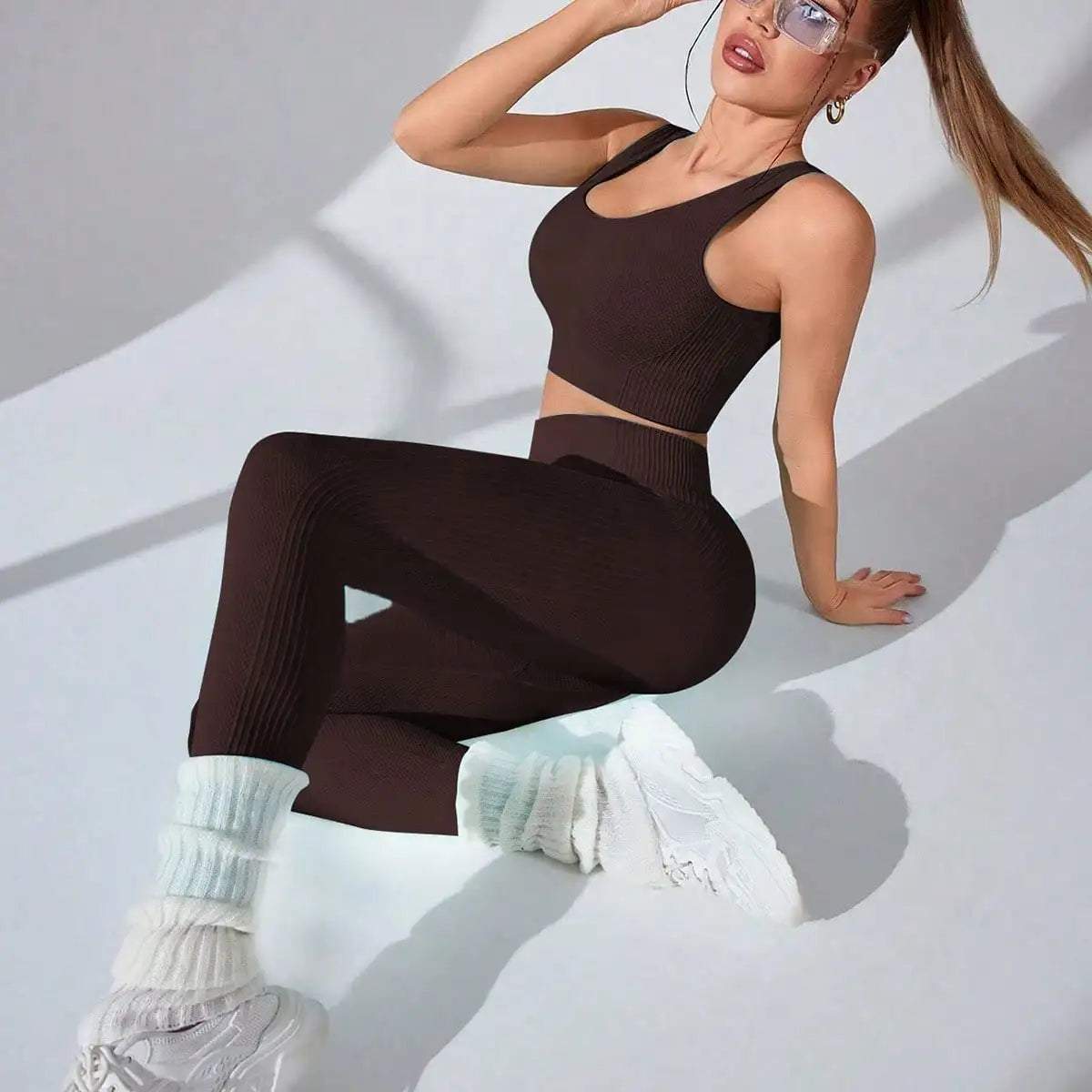 Seamless Yoga Leggings and Cross Strap Sports Bra Set