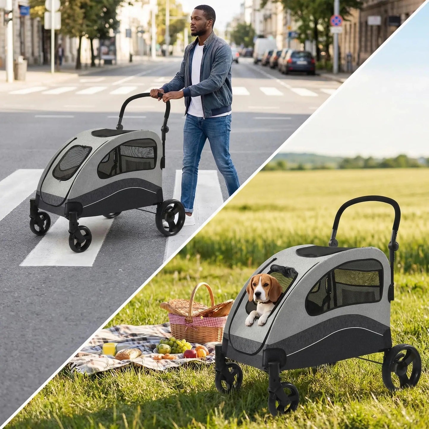 Collapsible Large Dog Stroller Wagon 360° Swivel Adjustable Handle Travel Strollers for Medium Large Dogs & Cats 90x73x108cm