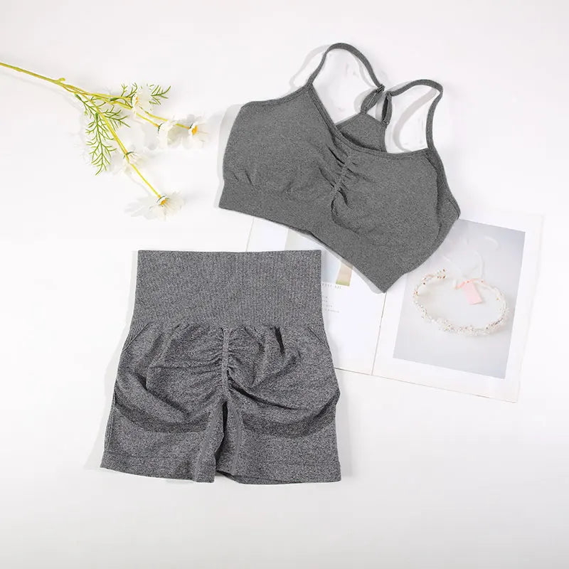 CHRLEISURE Seamless Sports Set Women Yoga 2 Piece Fitness Bra Cycling Shorts