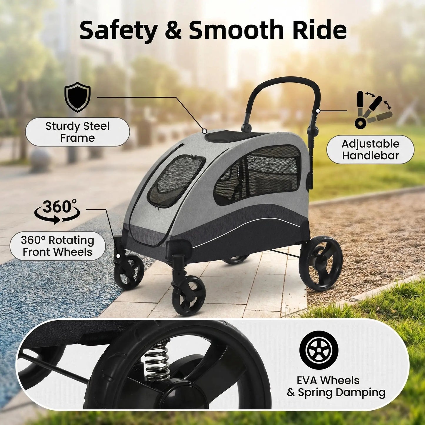 Collapsible Large Dog Stroller Wagon 360° Swivel Adjustable Handle Travel Strollers for Medium Large Dogs & Cats 90x73x108cm