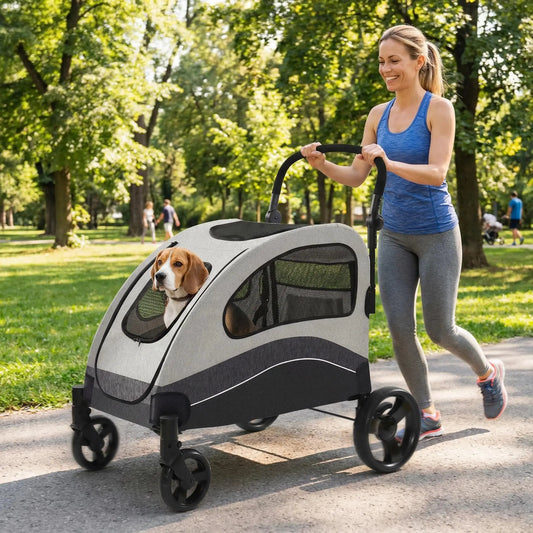 Collapsible Large Dog Stroller Wagon 360° Swivel Adjustable Handle Travel Strollers for Medium Large Dogs & Cats 90x73x108cm