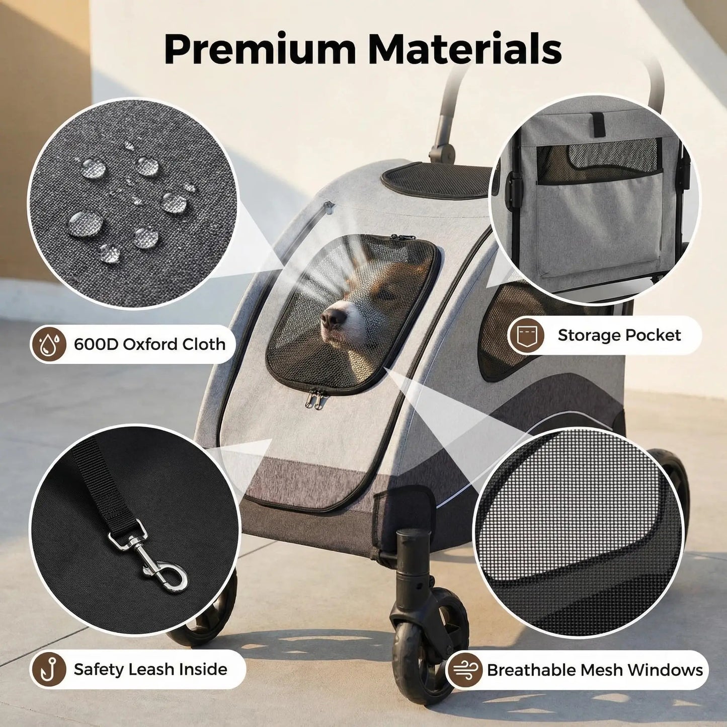 Collapsible Large Dog Stroller Wagon 360° Swivel Adjustable Handle Travel Strollers for Medium Large Dogs & Cats 90x73x108cm