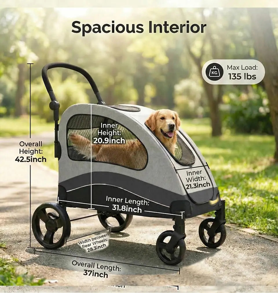 Collapsible Large Dog Stroller Wagon 360° Swivel Adjustable Handle Travel Strollers for Medium Large Dogs & Cats 90x73x108cm